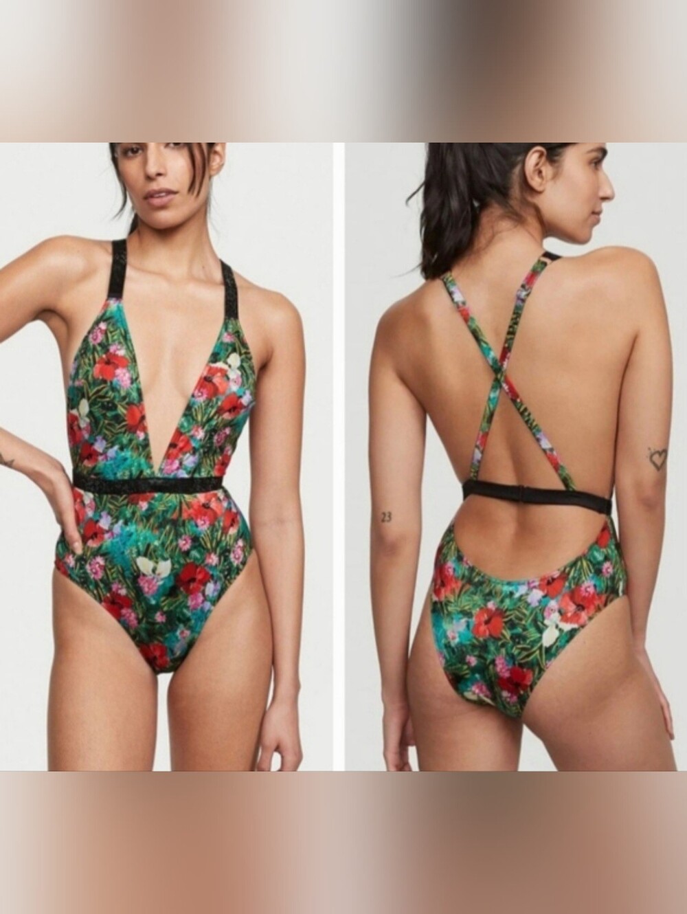 Victoria's Secret Floral Print Shine Strap One Piece Swimsuit Size Medium NEW